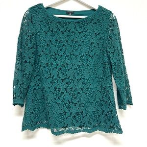 Talbots Forest Green Floral Crochet Lace Overlay Blouse Cotton Classic Top 8P